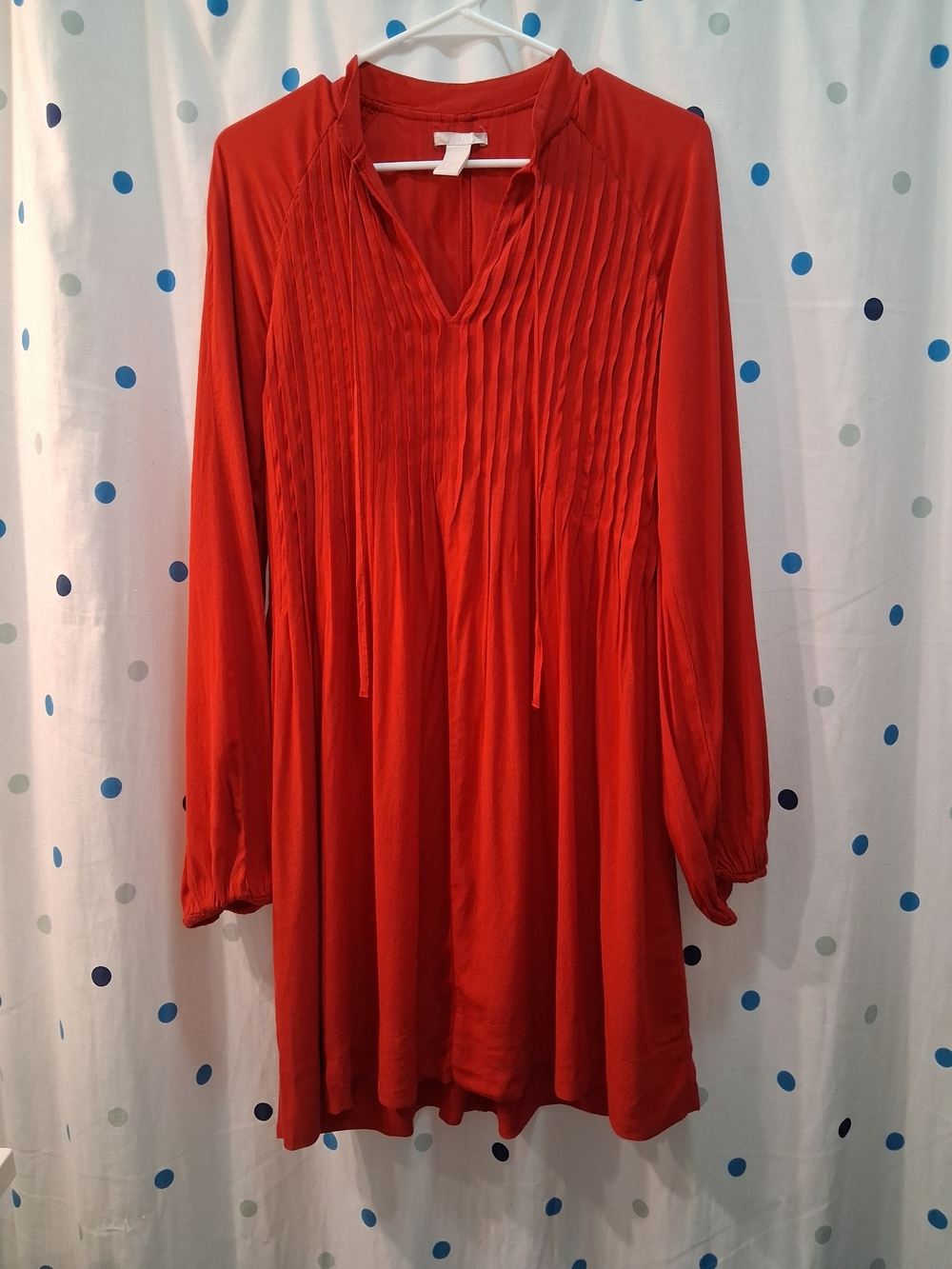 H&M Bright Red Pleated V-Neck Tunic Dress